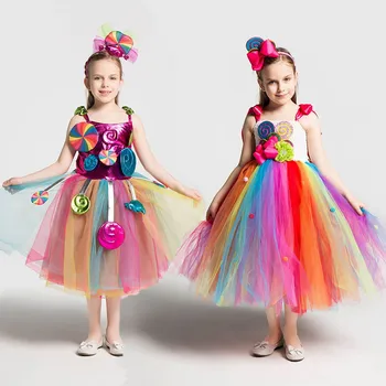 

Girls School Performance Costumes Kids Rainbow Candy Knitting Dress Children Lollipop Modeling Tulle Ball Gown With Headband