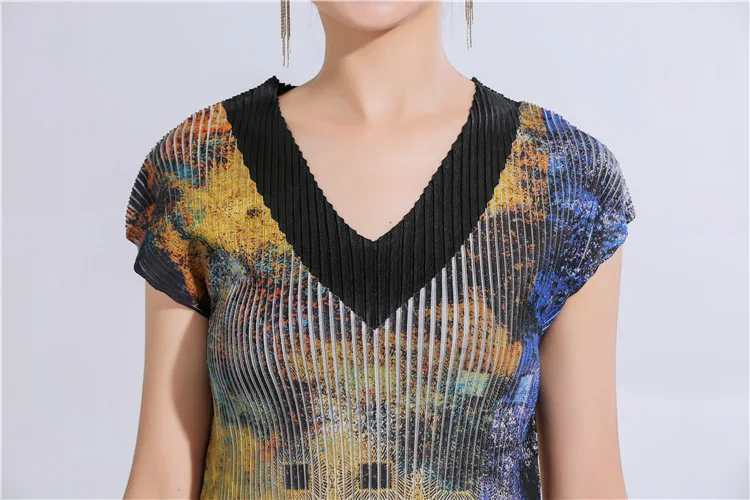 Новинка miyake Fold Major Брендовое дизайнерское платье с цифровым принтом для похудения с v-образным вырезом длинное платье