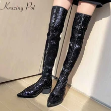 Krazing pot/сапоги из микрофибры, расшитые блестками, с острым носком, сохраняющие тепло, высокие сапоги для подиума, на высоком каблуке, эластичные сапоги выше колена, l17