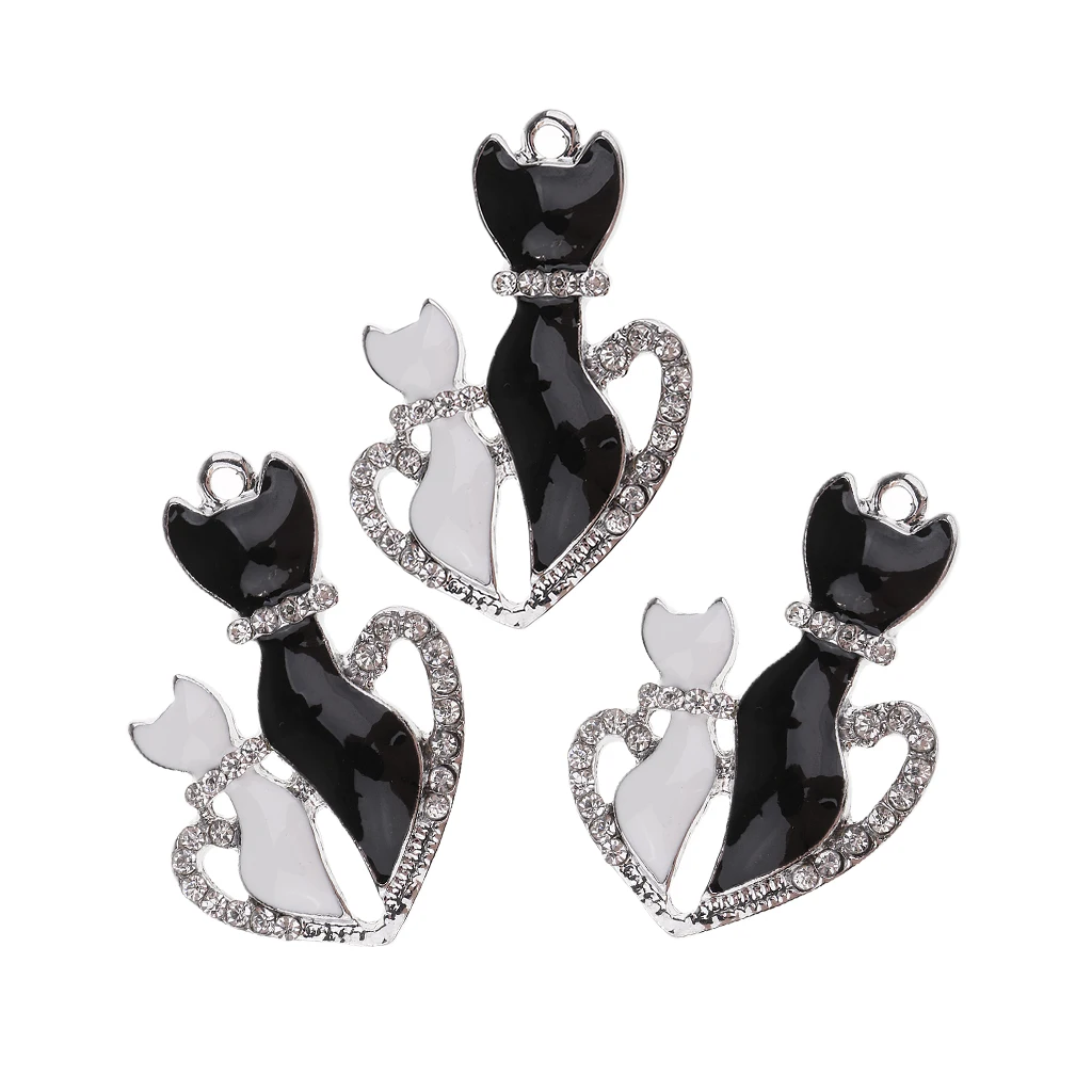 3pcs Rhinestone Enamel Charms for Jewelry Making silver color Tone Metal Love Heart Cat Pendant DIY Necklace Bracelet Accessories