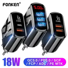 Зарядное устройство FONKEN Quick Charge 3,0 PD, 2 порта, быстрая зарядка для телефона, зарядное устройство usb type C, настенный адаптер, светодиодный дисплей, зарядное устройство s