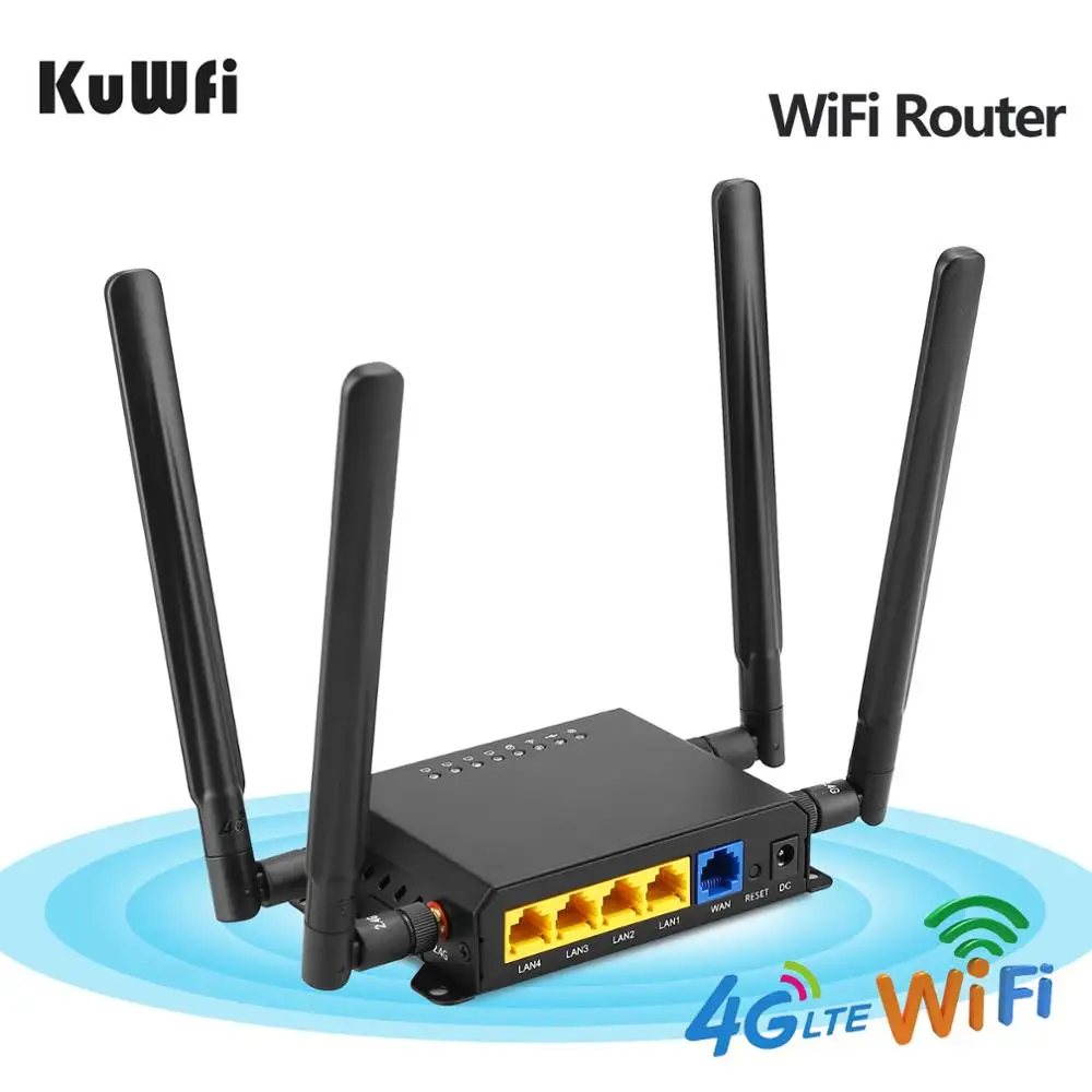 KuWfi WE826 4G WiFi Router CAT4 150Mbps LTE CPE Wireless Car Wifi Router Repeater Strong Wifi Signal With APN &4*5dbi Antenna