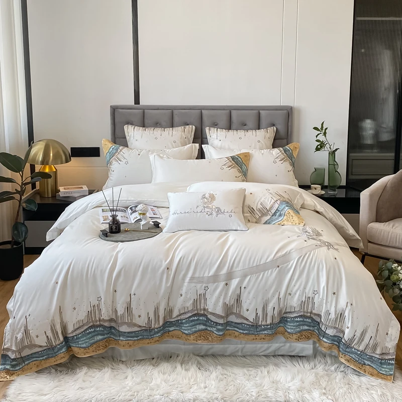 Color : 1, Size : Queen Size 4pcs Gold Jacquard Bedding Set King Queen Size Embroidery Bed Linen 1000TC Cotton Duvet Cover Bed Sheet Set Pillowcases 
