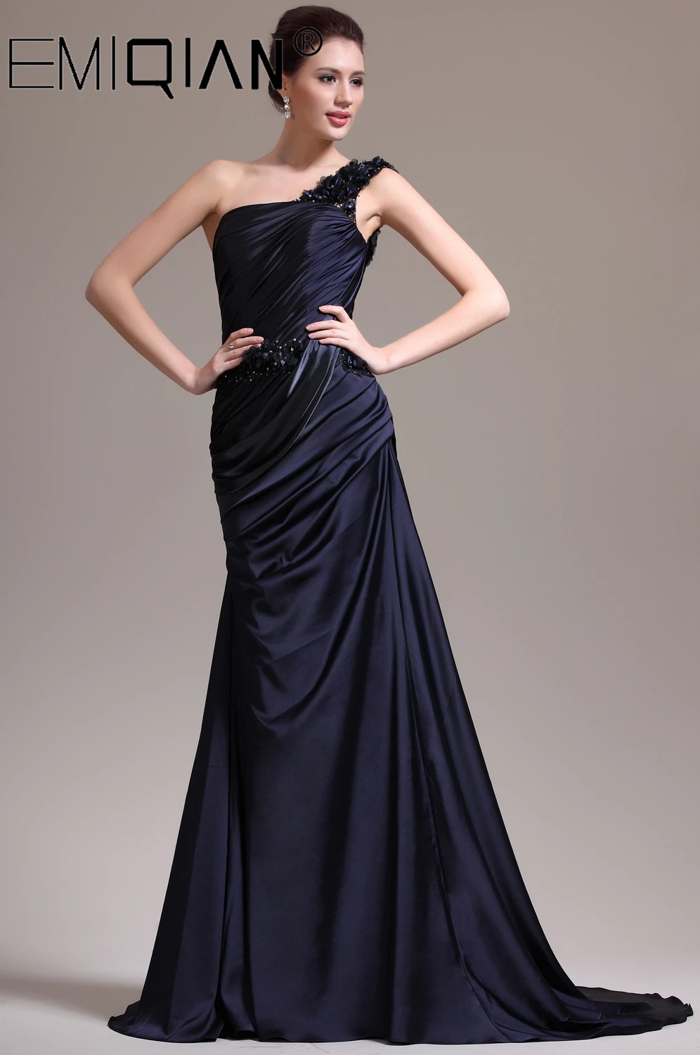 One Shoulder Satin Long Evening Party Dress Gown Maxi Dress Navy Blue