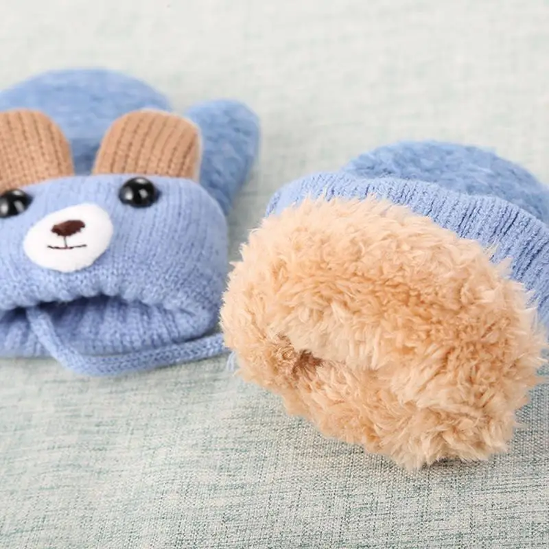 Baby Gloves 0-4 Years Old Cartoon Winter Warm Stretch Knit Mittens Imitation Wool Children's Hanging Neck Gloves Xtmas Gifts