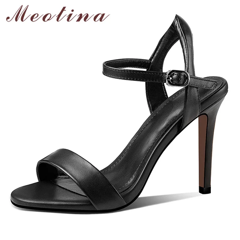 

Meotina Women Shoes Natural Genuine Leather High Heel Sandals Thin High Heel Ankle Strap Shoes Open Toe Party Sandals Ladies Red