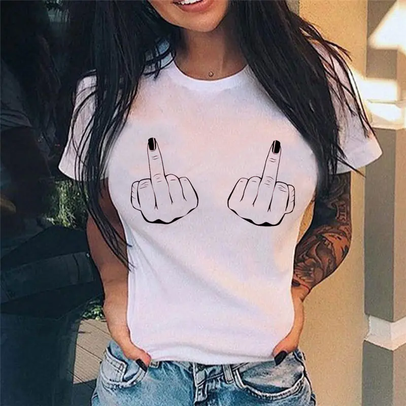 Summer New Fashion Middle Finger Chest  Graphic Printed  Round Neck  T Shirt  Casual Simple Women Tee Tops off white t shirt Tees