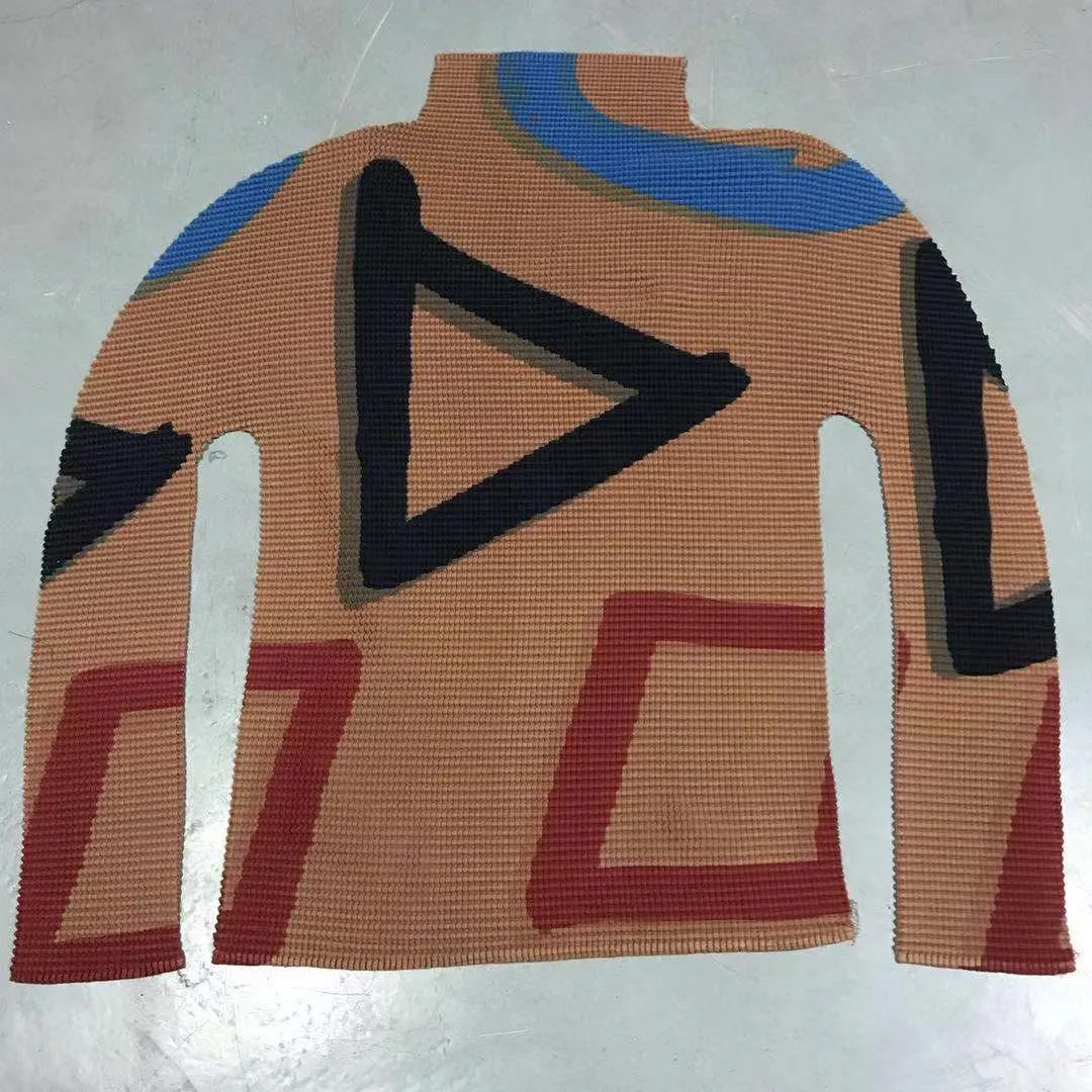 MIYAKE плиссированная Футболка с принтом, футболка с длинными рукавами и высоким воротником, женская мода