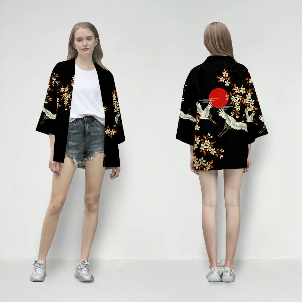 Large Size 5XL 6XL Japanese Kimono Cardigan Print Wave Crane Men Women Shirt Tradition Yukata Haori Obi Cosplay Costume