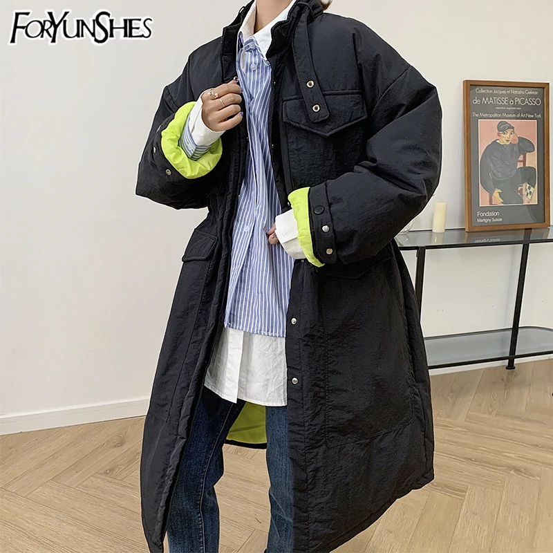 

FORYUNSHES Winter Women Outwear Warm Down Jackets Femme Casual Loose Panelled Colour White Duck Long Coat 2020 New Korean Style