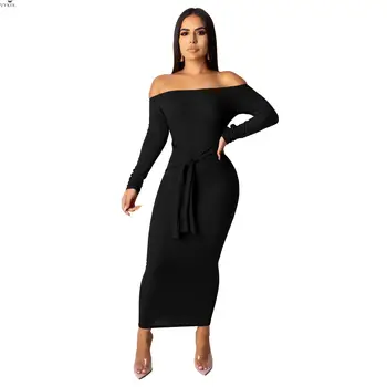

Sexy Dress Side 4 Color Sheath Women Dress Solid Color Long Sleeve Dress Slash Collar Lace Up High Waist Slim Femme Long Dress