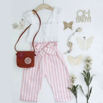 

2pcs Newborn Toddler Infant Baby Girl Clothes Ruffle Sling T-shirt Sleeveless Top+Stripe Long Pants Trousers Outfit Set