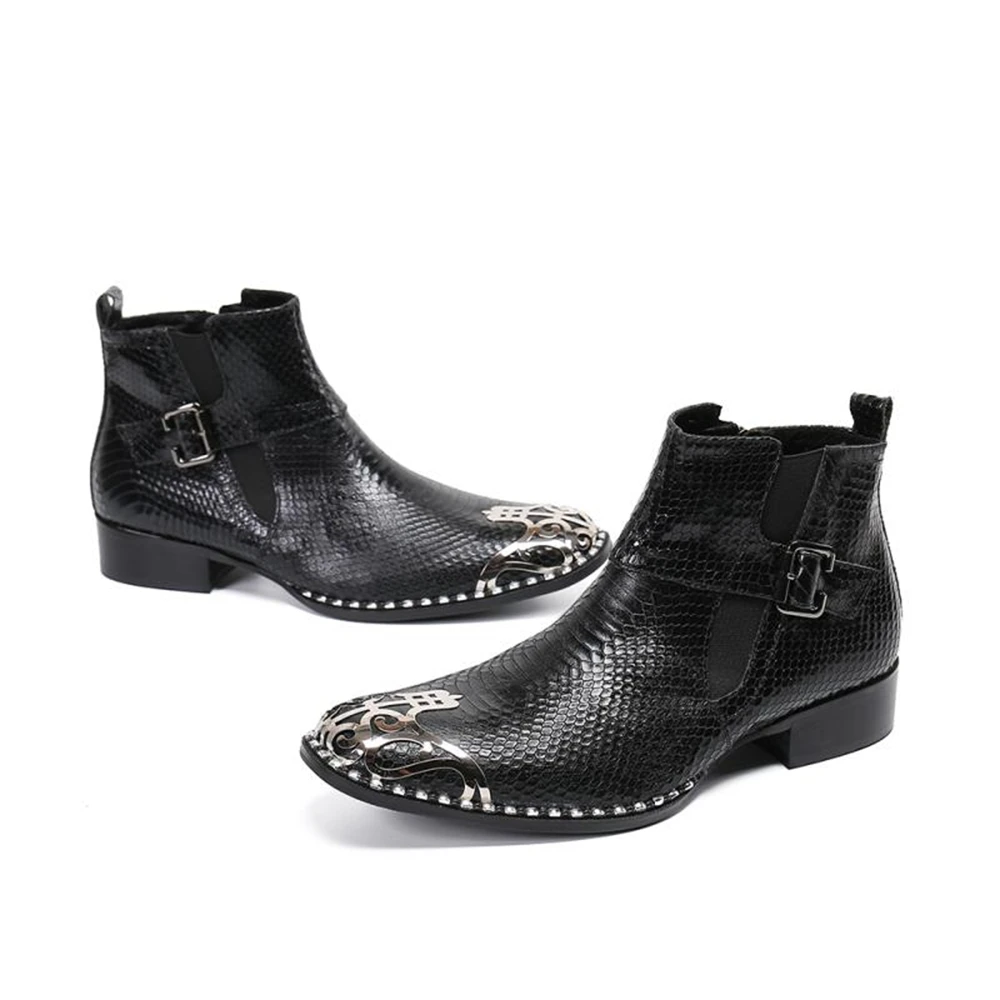 Fashion Rock Men's Leather Boots Italian Style Pointed Toe Short Ankle Boots Zapatillas Hombre Genuine Leather Men Chelsea Boots