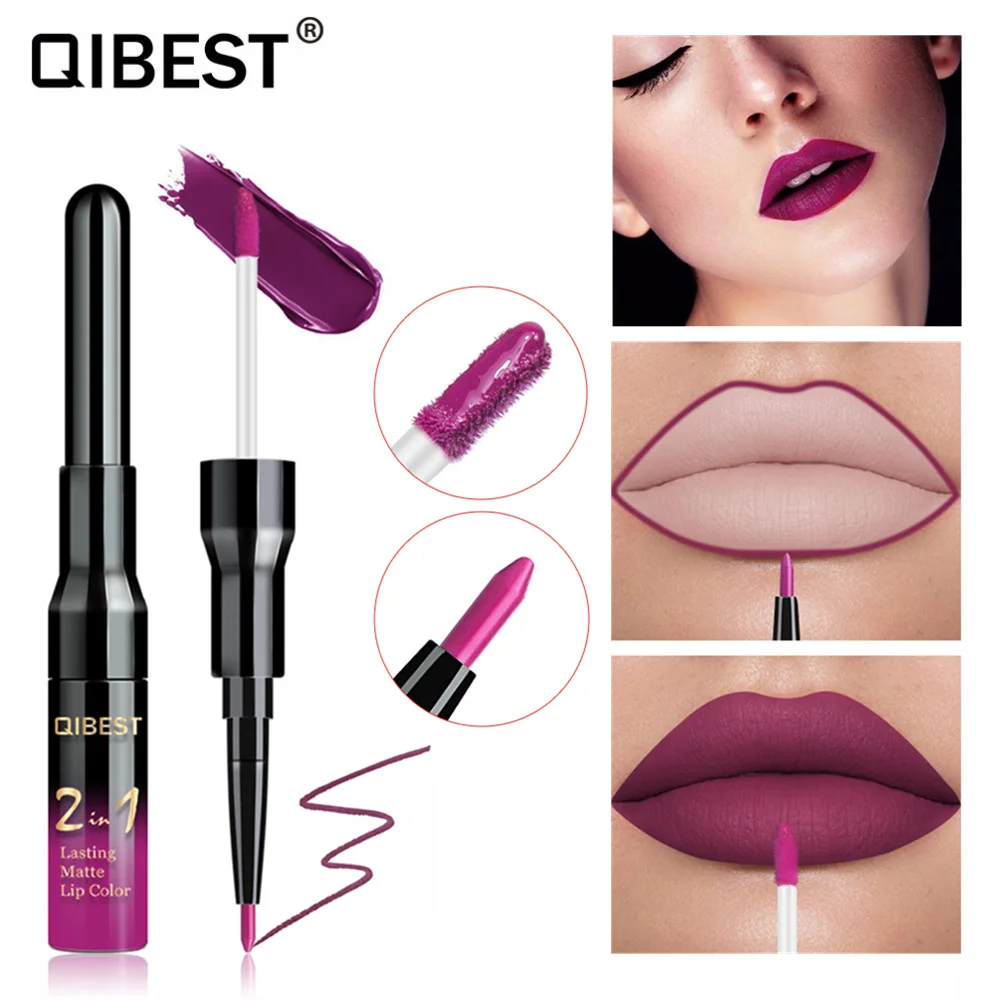 Qibest Double Head Matte Lip Gloss Lip Tint Liner Waterproof Nude Makeup Lipgloss Lasting Matt Purple Red Brown Liquid Lipstick