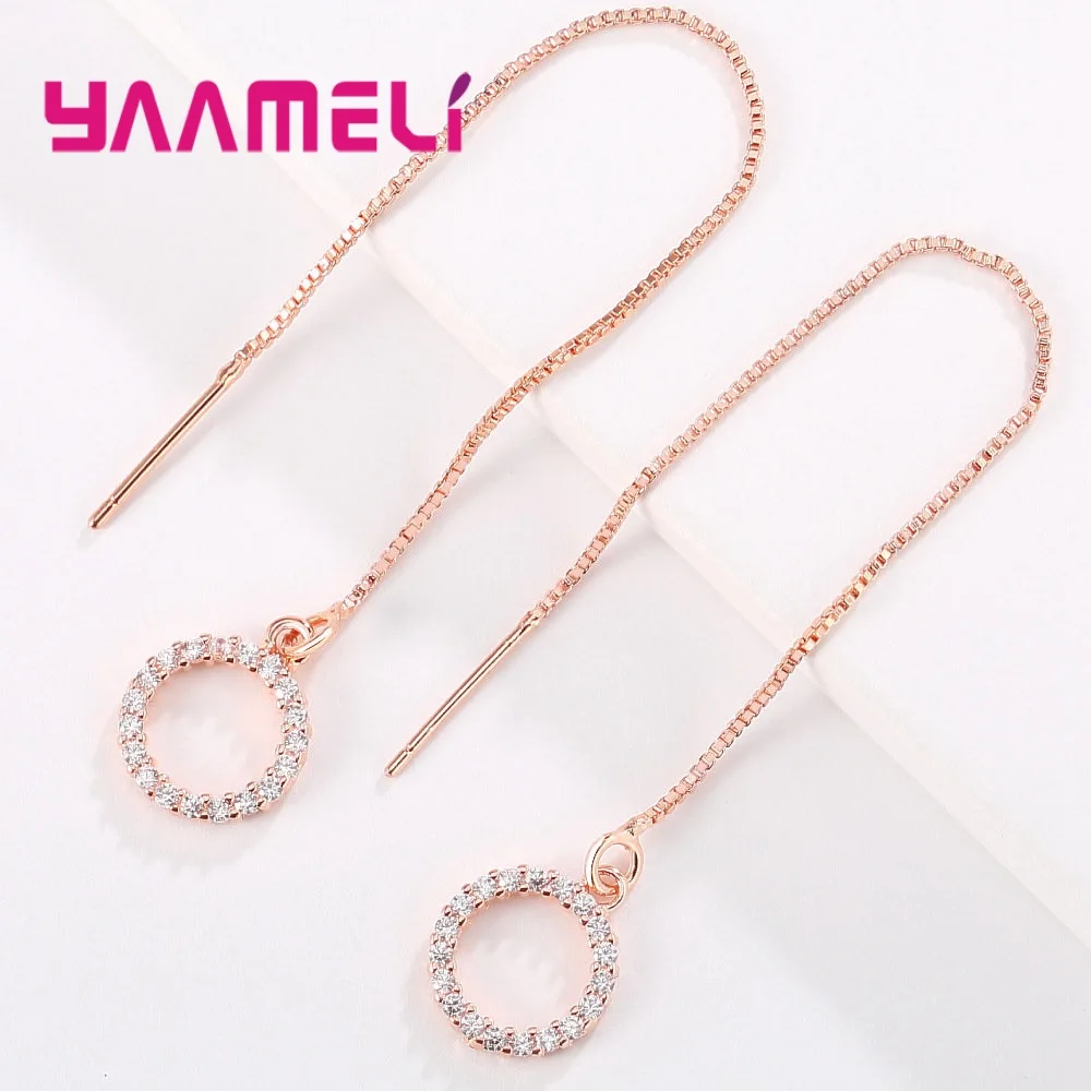 Rose Gold Round Прекрасный прекрасный 925 пробы, серебряные серьги с нитью для лучшего друга, длинная коробка, цепочка с нитью, сердце, круг, звезды, серебро, розовое золото, цвета - Окраска металла: Rose Gold Round