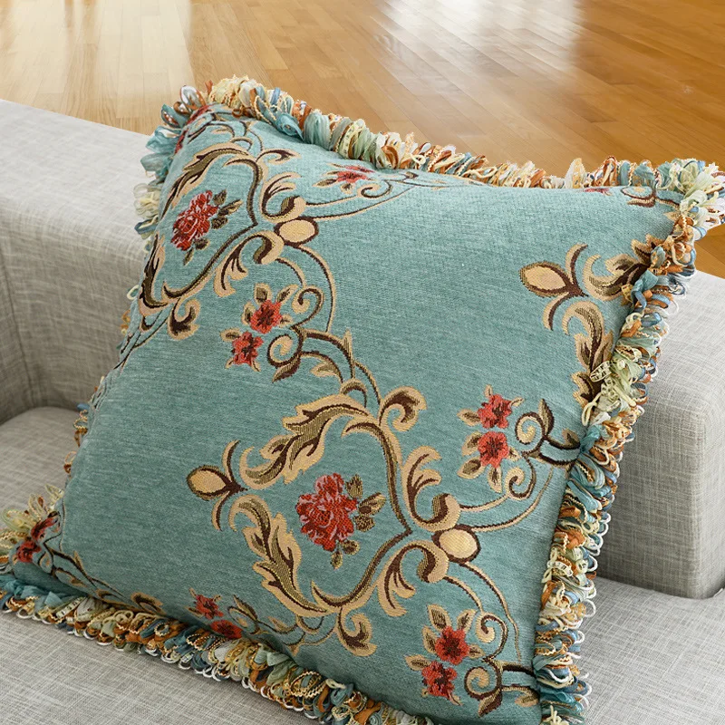 

European country series chenille cushion cover flowers jacquard Tassel lace pillowcase two-sided invisible zipper home decorate