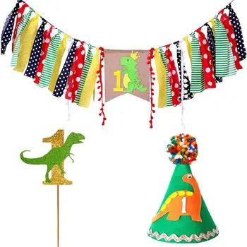 

3 Pcs Crown Dinosaur First Birthday Party Decoration Kit Festive Banner Hat and Cake Topper for Baby Birthday Layout Decoration