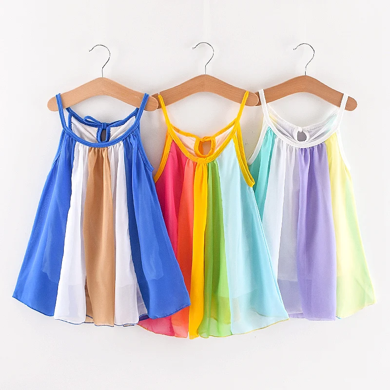 2021 Girl Rainbow Chiffon Princess Elegant Dress with Lining Summer Kids Strap Sundress Children Beach Party Dresses For Girls | Детская