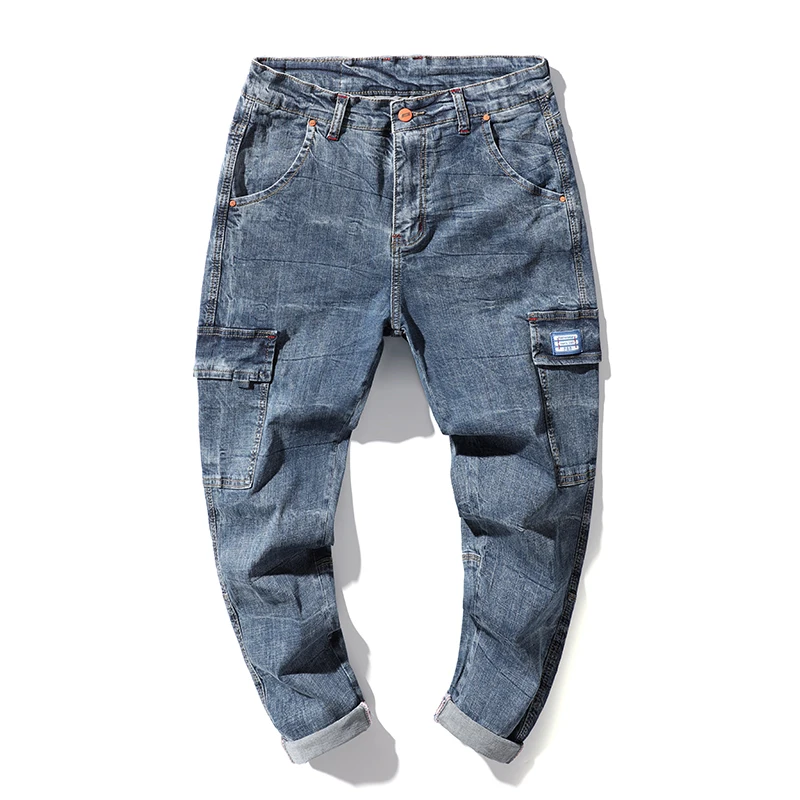 Harem Jeans Men Cargo Pants Spring and Summer Stretch Light Blue Loose Fit Multi-Pockets Casaul