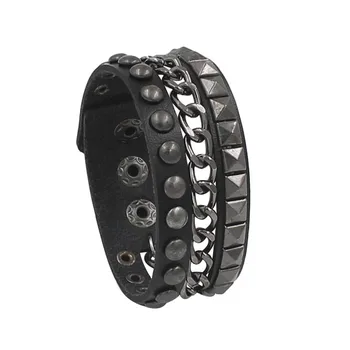 

New Punk Men Women Square Rivet Studded Wide Cuff Pu Leather Bracelet Chain Fashion Jewelry Vintage Bangles Bracelet