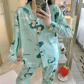 

2020 Autumn Winter New Pajamas Set Women's Print Flowers Long-sleeved Thin Women Sleepwear Sweet Korean Home Wear Pyjamas Set