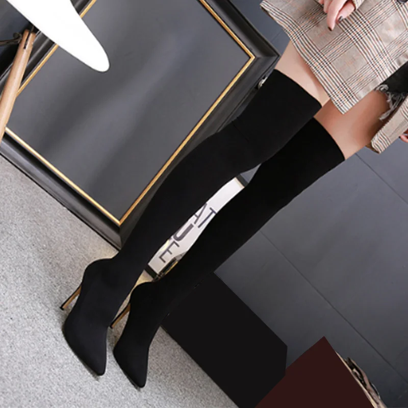 

Women Supper High Heels Over The Knee Boots Ladies Autumn Pointed Toe Women's Stretch Knitting Sock Boots Slip On Female Shoes