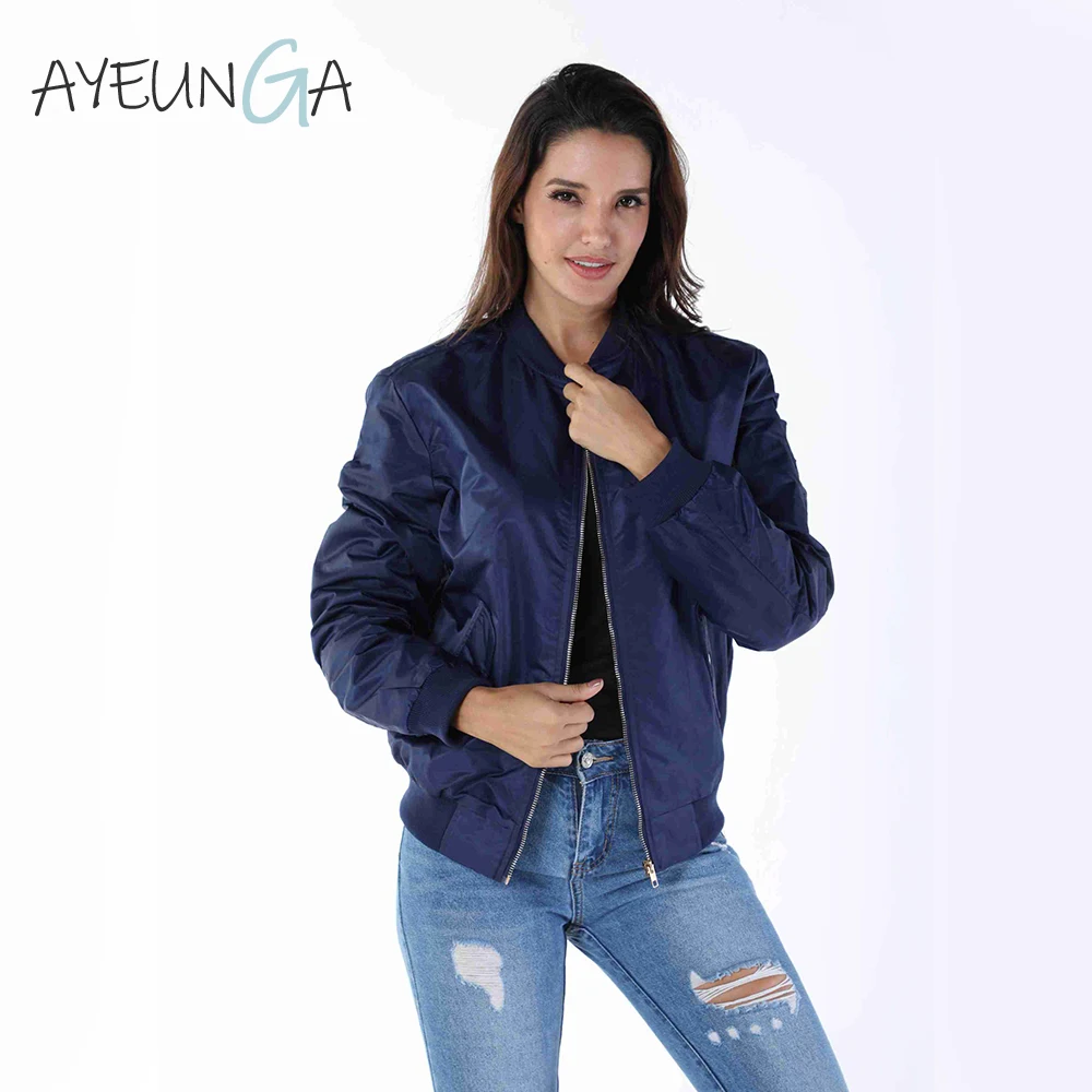 

Fashion Pockets Windbreaker Jacket Basic Style Female Long Sleeve Casual Outerwear Solid Color Autumn Winter Short Bomber Jacket