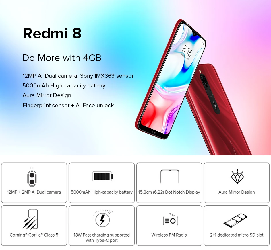 Смартфон Xiaomi Redmi 8 с глобальной версией, 3 ГБ, 32 ГБ, Восьмиядерный процессор Snapdragon 439, 5000 мА/ч, большой аккумулятор, камера 12 МП, дисплей 6,22, 18 Вт