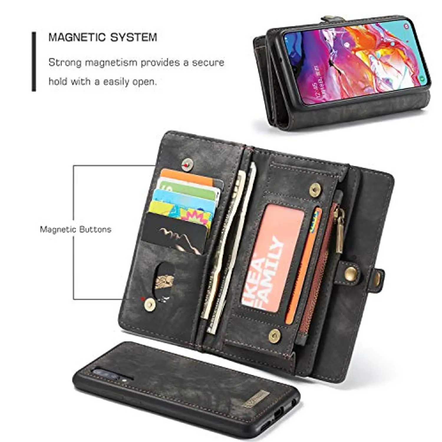 Luxury Detachable Zipper Genuine Leather Case for Samsung A70 A50 A40 A20E A30 A80 A90 Cover Wallet Magnetic Buckle Flip Pouch
