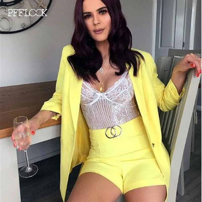 Цвет: желтый PFFLOOK, летний комплект из двух предметов, Женский костюм с длинным рукавом, повседневный комплект из 2 предметов, Блейзер, пиджак, топ и штаны, женская одежда из двух предметов - Цвет: Цвет: желтый