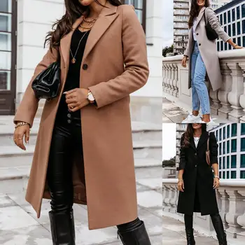 

Fashion Overcoat Women Autumn Winter Long Sleeve Lapel Collar Coat Knee-length Jacket Overcoat Buttons Warm Keeping Long Jacket
