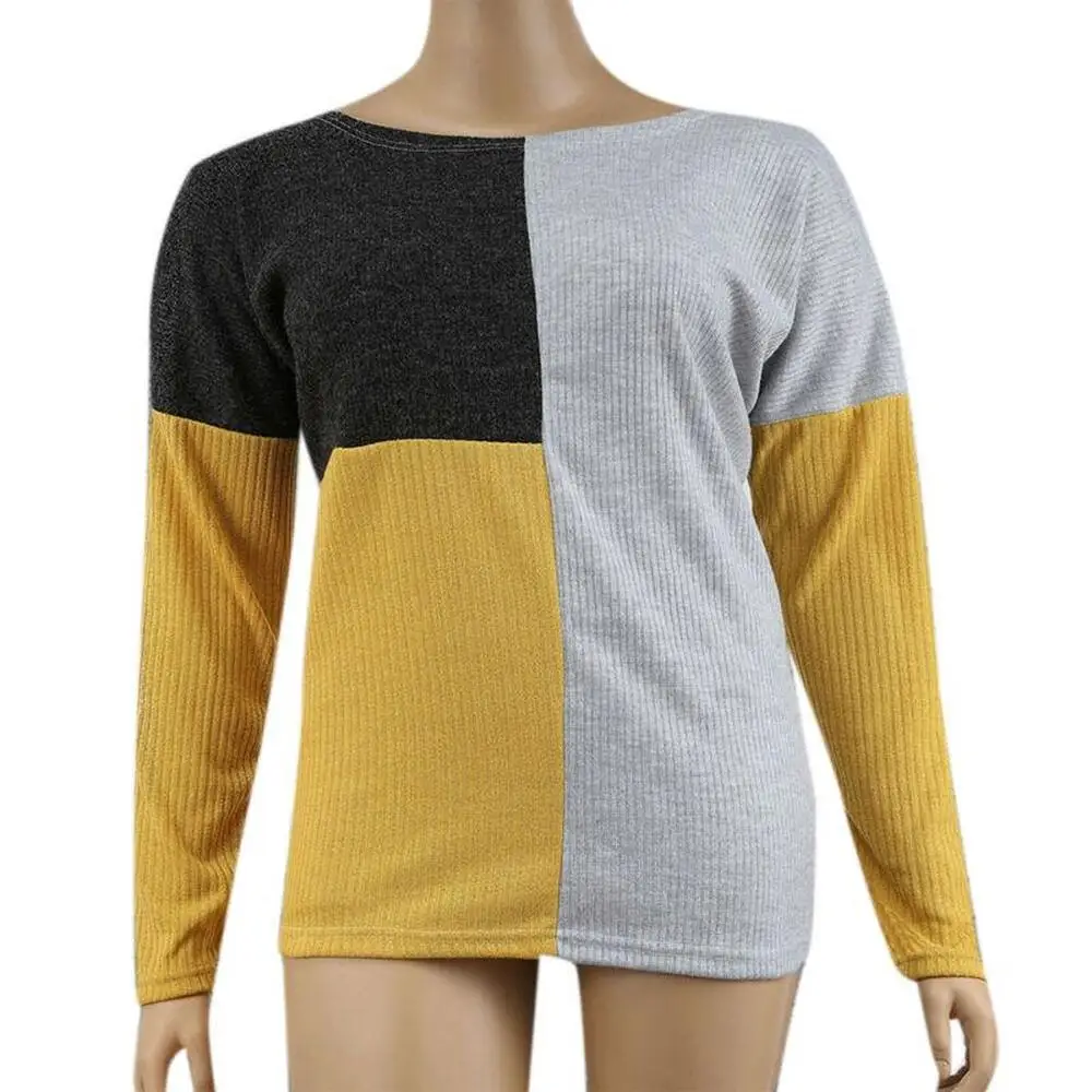 Color Patchwork Swaters Women Round Neck Long Sleeve Casual Pullover Tops Autumn Winter Female Jumper Knittwear Plus Size | Женская