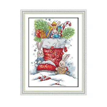 

Christmas Cross Stitch Embroidery Kits DMC 11 14CT The Rabbit in the Christmas Boots Patterns Counted Cross Stitch DIY handmade