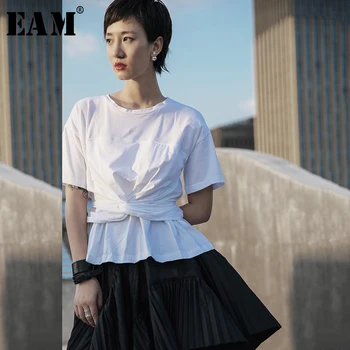 

[EAM] Women White Knot Pleated Split Joint Brief T-shirt New Round Neck Short Sleeve Fashion Tide Spring Summer 2020 1T069