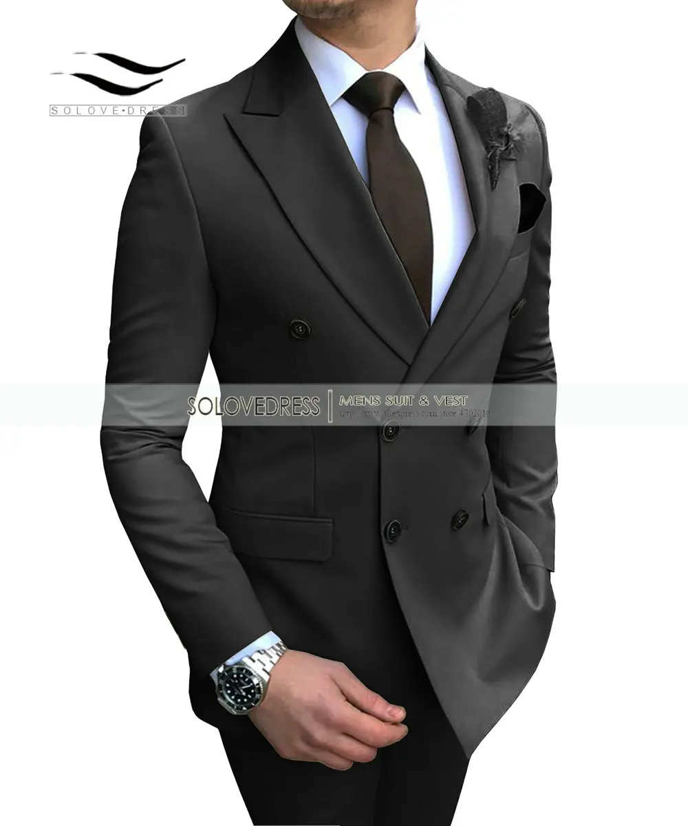 Black Solovedress мужской однотонный Костюм Премиум Свадебные смокинги Slim Fit 2 шт. Выпускной Блейзер жилет под смокинг и брюки бордовый двубортный - Цвет: Black