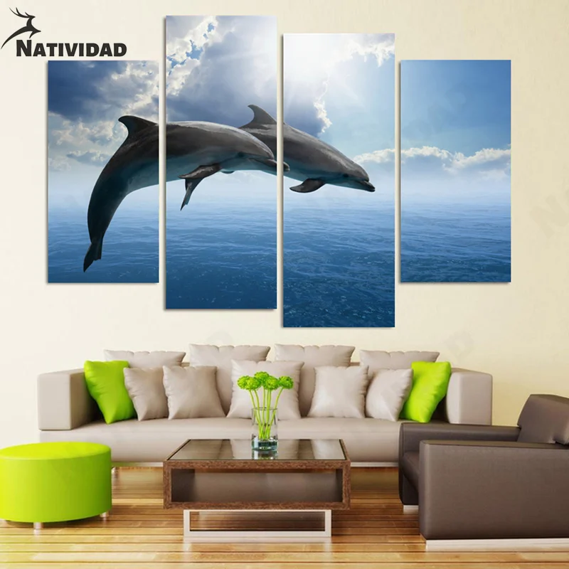 

Room Decor Wall Painted Dolphins Jumping On The Surface of The Water Picture Precious Print Posters Canvas Painting Room Decor