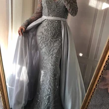 Серое роскошное серое вечернее платье русалки со шлейфом и длинными рукавами, украшенное кристаллами, вечернее платье темно-синего цвета, CLA6172