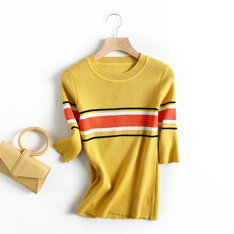 yellow AOEMQ модные тонкие свитера, 5 цветов, тонкие свитера с горизонтальными полосками и принтом, Женские топы с коротким рукавом, осенний свитер, женская одежда - Цвет: yellow