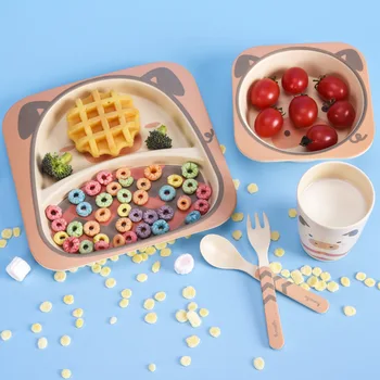 

Cartoon Children's Dinner Tableware Set Bamboo Fiber 5-piece Gift Dinnerware Fork Spoon Cup Bowl Kitchen Plate Cutlery Set