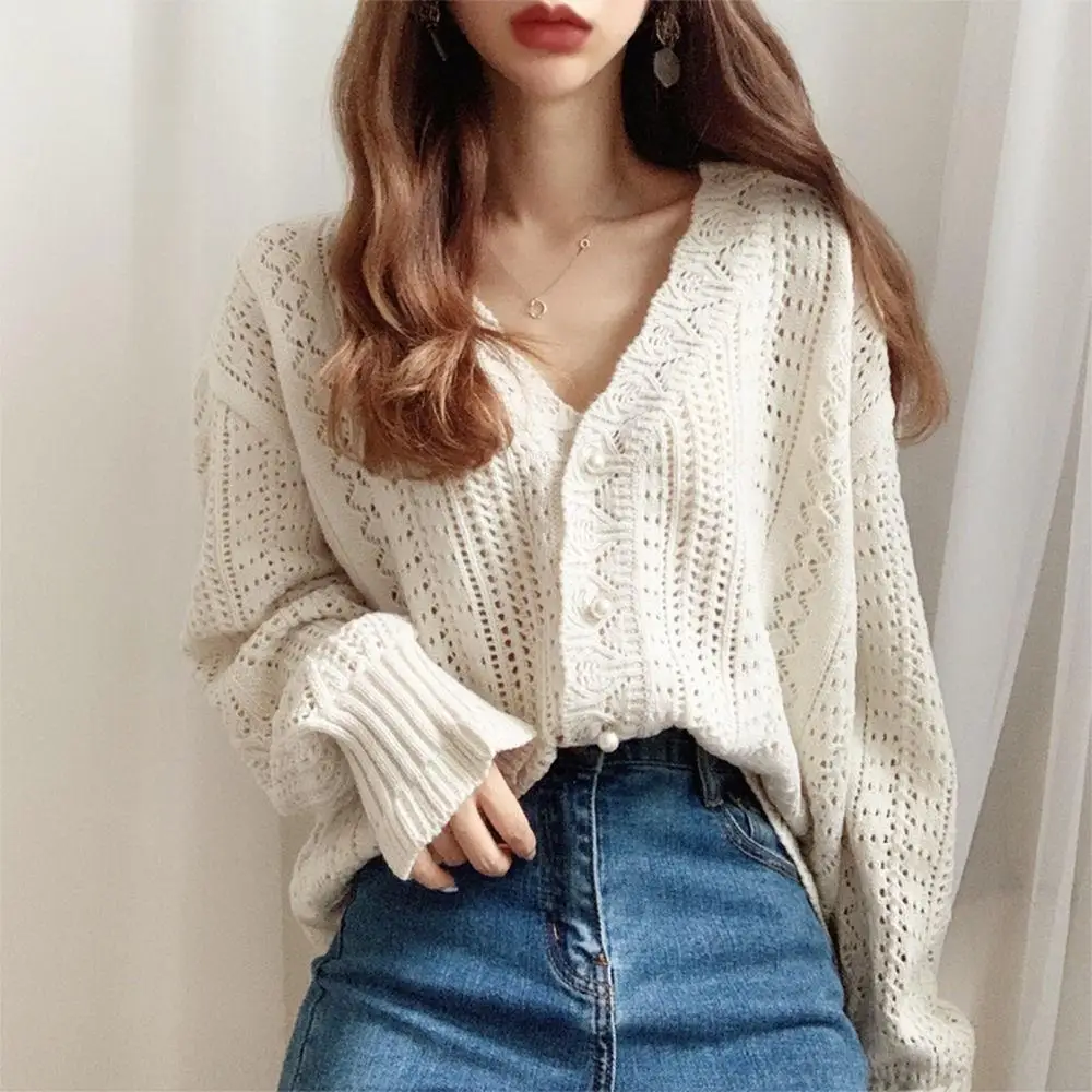

V-Neck Long Sleeve Sweater Women Autumn Hollow Out Cardigan Loose Knitted Cardigans Solid White Casual Tops