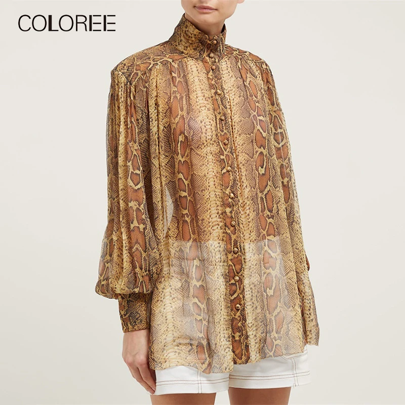 COLOREE, осенняя женская блузка с длинным рукавом, красный/черный/коричневый, в полоску, со змеиным узором, блузка, элегантные, однобортные, шикарные топы