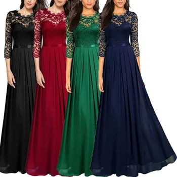 

BacklakeGirls HT5191 Elegant Women Party Dresses Three Quarter Sleeves Rund Neck Lace Evening Dresses Solid Color 2020 New