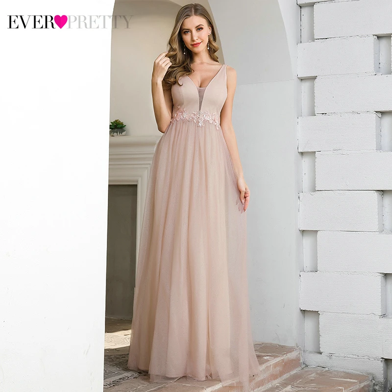 Pink Prom Dresses Ever Pretty EP00780PK Appliques A-Line Deep V-Neck Sleeveless Elegant Gala Dresses For Party Vestido Formatura
