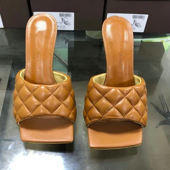 

100% Genuine Leather Women High Heels Slippers Shoes Square Toe Shallow Fashion Slides Spring Summer Sandals Party Female Shoes