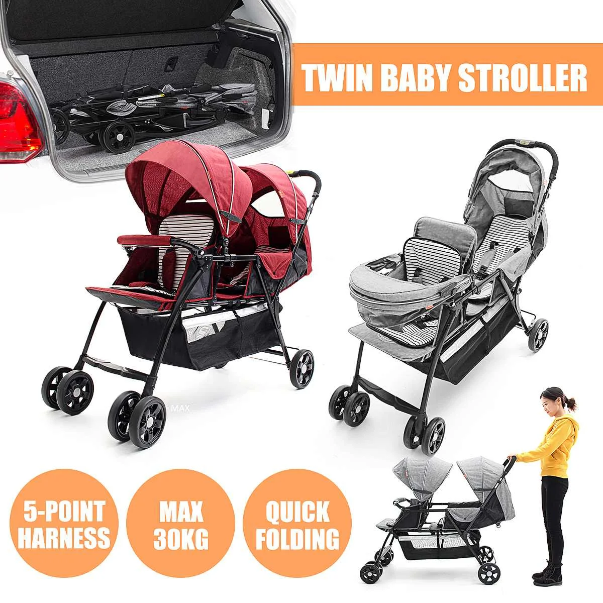 PROD 1005001520682698 Twin Baby Strollers Lightweight Folding Double 2
Seat Twins Baby Trolley Front And Back Tandem Stroller Car Kid Can Lie
Flat