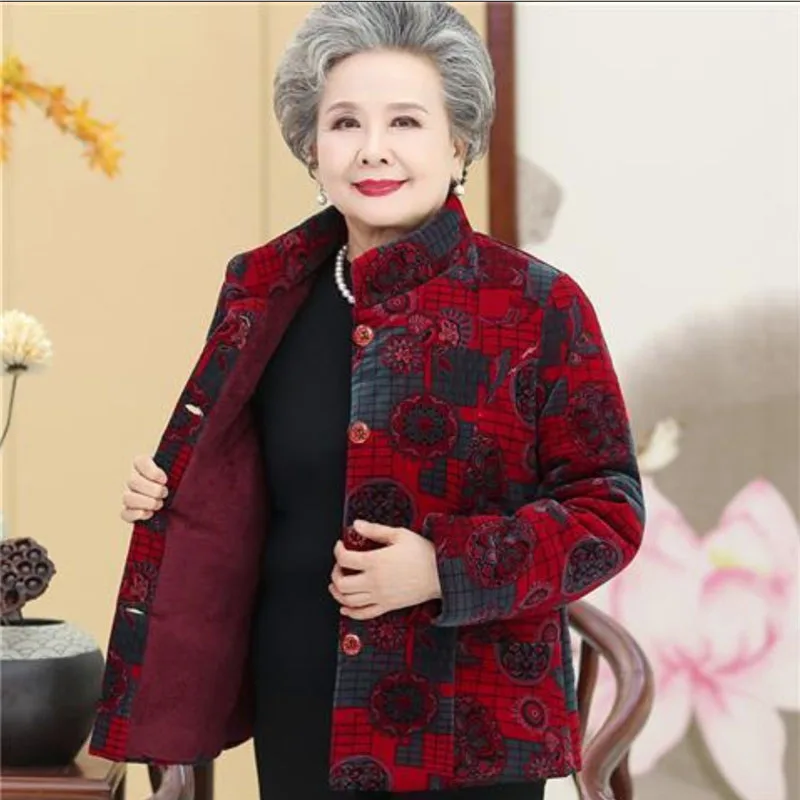 Grandma's Winter Parka Coat Corduroy Clothes Female Mid-Aged And Elderly Thicken Mother Autumn Coat Cotton-Padded Jacket Print