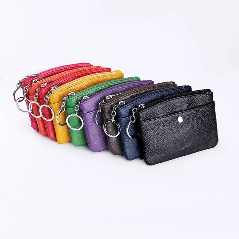 Pouch with Three Zipper And Key Holder Colored Genuine Leather Coin Purse 
