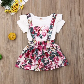 

0-4T Baby Girls Clothes Set Flare Short Sleeve T-Shirt For Girls Set Floral Print Strap Dress Girls Outfits Girls Sets Clothing