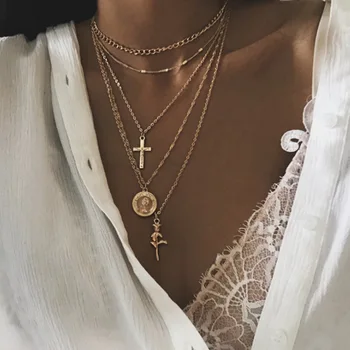 

3 Styles Boho Mixed Golden Cross Notre Dame Rose Multi-layer Necklace Female Classic Fashion Jewelry Accessories Gift