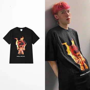 

Cartoon Flame Bear Print Tide Brand T-shirts Men Hip Hiop Skateboard Summer T Shirt Male Lovers Couple Short Sleeve Top Tee